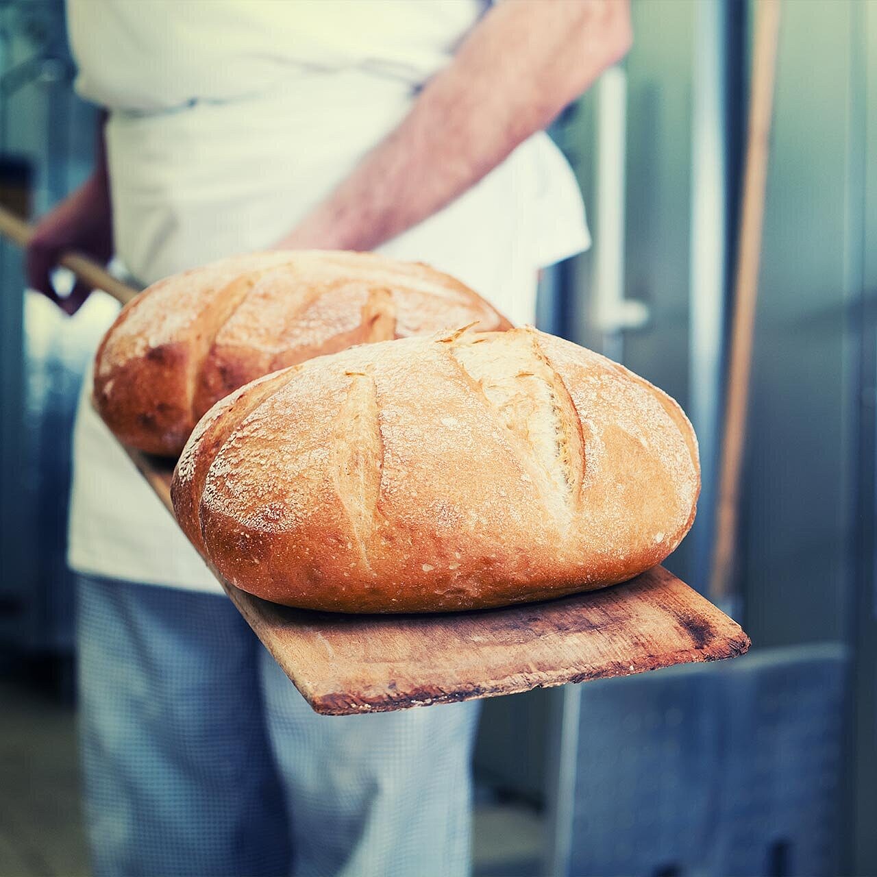 Ein Bäcker holt frisch gebackenes Brot aus dem Ofen.