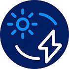 weiß-blaues Icon auf dunkelblauem Untergrund für Energiemanagement, Sonne und Blitz für Strom im Kreislauf